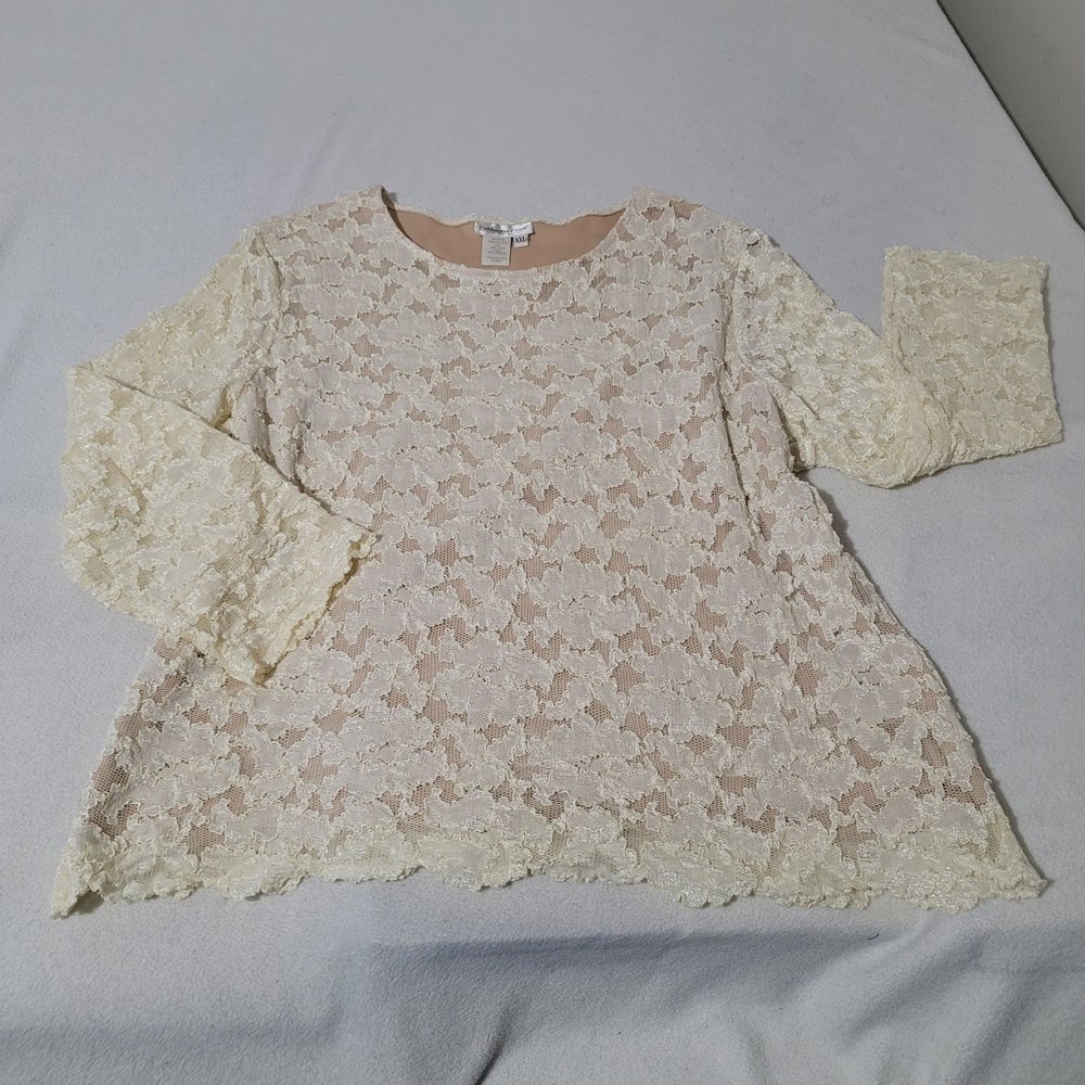 XXL Coldwater Creek Long Sleeve beige cream mesh lace embroidered floral plus - Picture 2 of 7